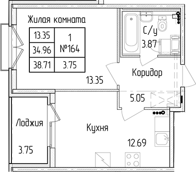 1-комнатная квартира 34.96 м², 3/4 эт., ЖК «Любоград в Стрельне»